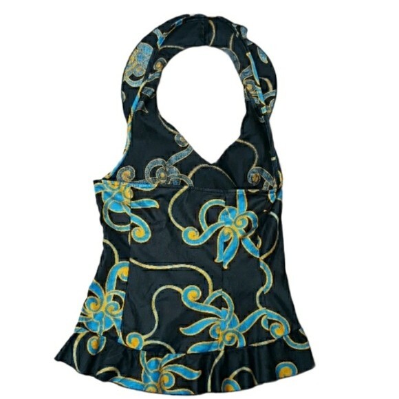 COOL HUNTING PEOPLE BOHO SCOOP NECK RUFFLE BLACK/BLUE HALTER NWOT - Picture 2 of 8